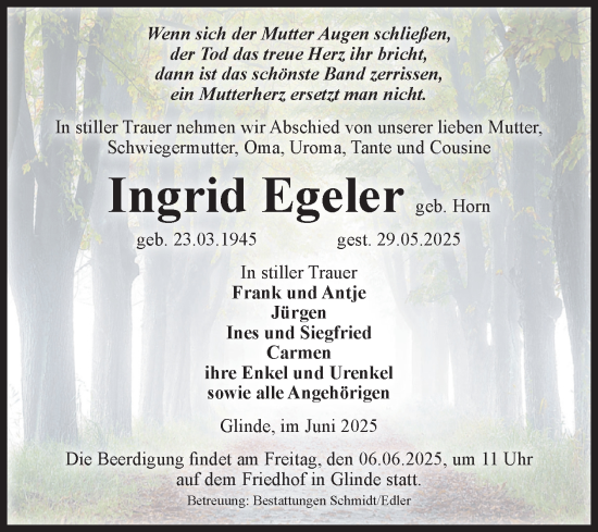 Traueranzeige von Ingrid Egeler von Volksstimme Schönebeck