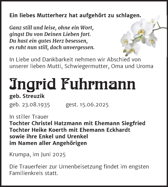 Traueranzeige von Ingrid Fuhrmann von Trauerkombi Merseburg