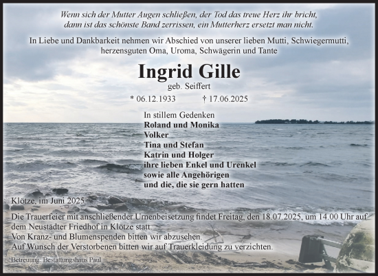 Traueranzeige von Ingrid Gille von Volksstimme Altmark West