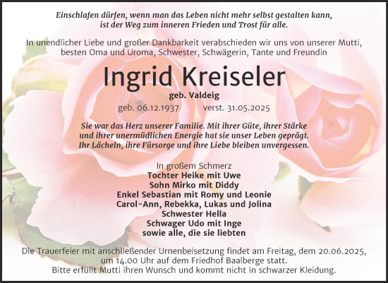 Traueranzeige von Ingrid Kreiseler von Trauerkombi Bernburg