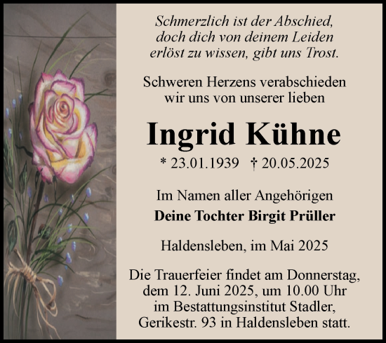 Traueranzeige von Ingrid Kühne von Volksstimme Haldensleben/Wolmirstedt
