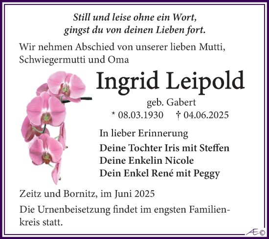 Traueranzeige von Ingrid Leipold von Trauerkombi Zeitz