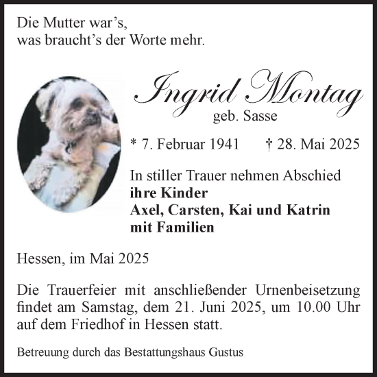 Traueranzeige von Ingrid Montag von Volksstimme Halberstadt