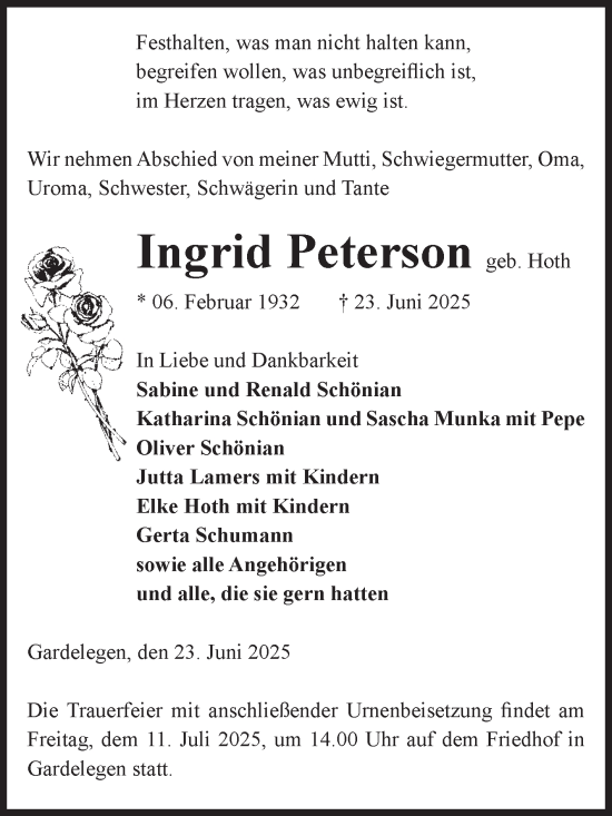 Traueranzeige von Ingrid Peterson von Volksstimme Altmark West
