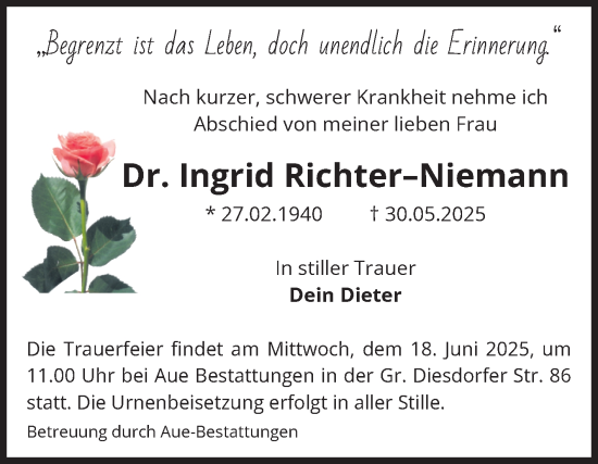Traueranzeige von Ingrid Richter-Niemann von Volksstimme Magdeburg