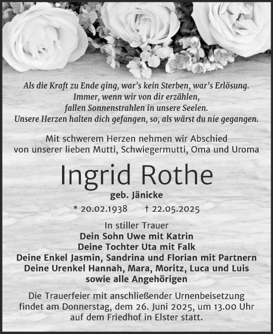 Traueranzeige von Ingrid Rothe von Trauerkombi Wittenberg