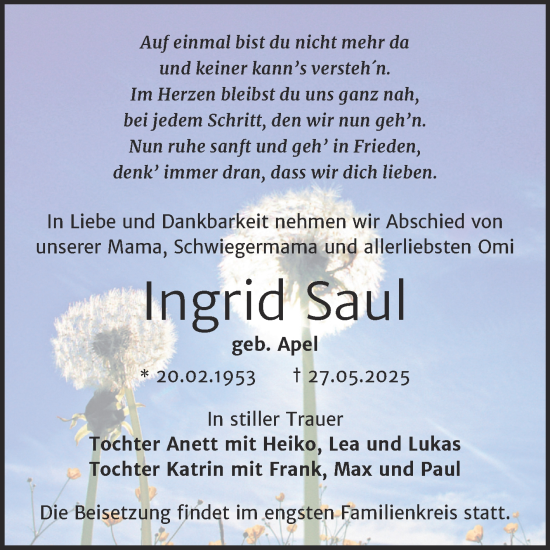 Traueranzeige von Ingrid Saul von Trauerkombi Bernburg