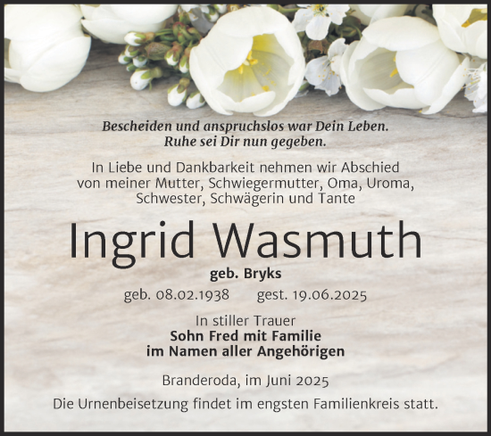 Traueranzeige von Ingrid Wasmuth von Trauerkombi Merseburg