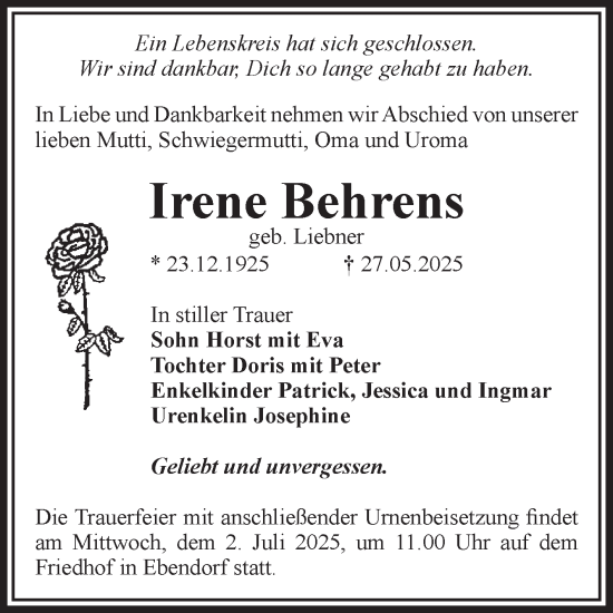 Traueranzeige von Irene Behrens von Volksstimme Haldensleben/Wolmirstedt