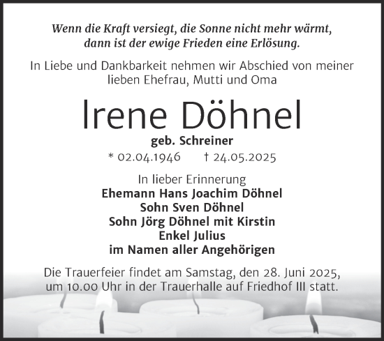 Traueranzeige von Irene Döhnel von Trauerkombi Dessau