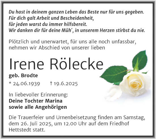 Traueranzeige von Irene Rölecke von Trauerkombi Mansfelder Land