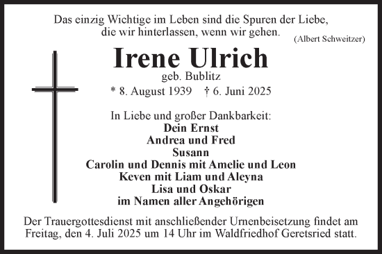 Traueranzeige von Irene Ulrich von Volksstimme Altmark Ost