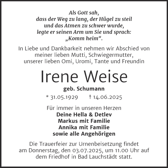 Traueranzeige von Irene Weise von Trauerkombi Merseburg