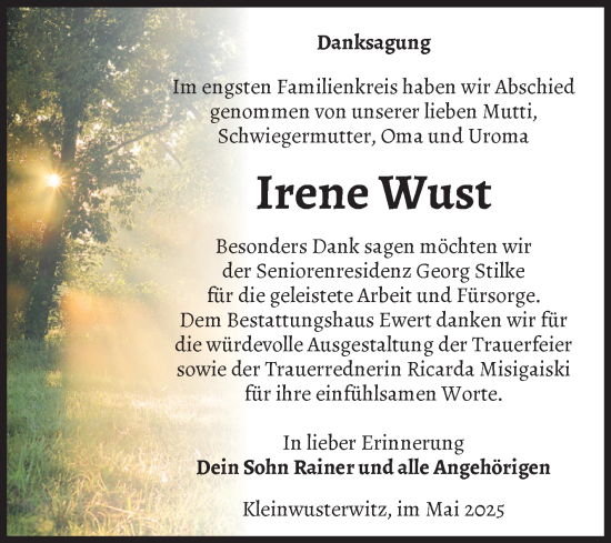 Traueranzeige von Irene Wust von Volksstimme Burg/Genthin