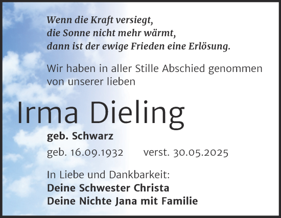Traueranzeige von Irma Dieling von Trauerkombi Weißenfels