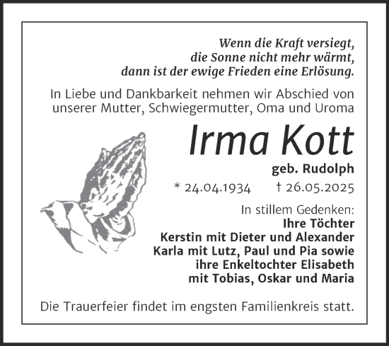 Traueranzeige von Irma Kott von Trauerkombi Bitterfeld
