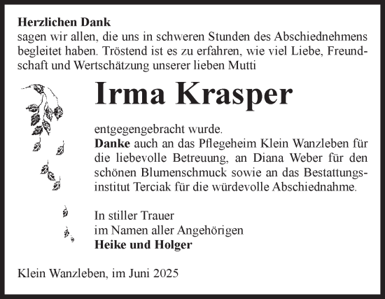 Traueranzeige von Irma Krasper von Volksstimme Oschersleben/Wanzleben