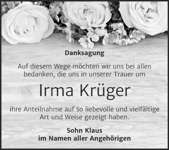 Traueranzeige von Irma Krüger von Trauerkombi Bitterfeld