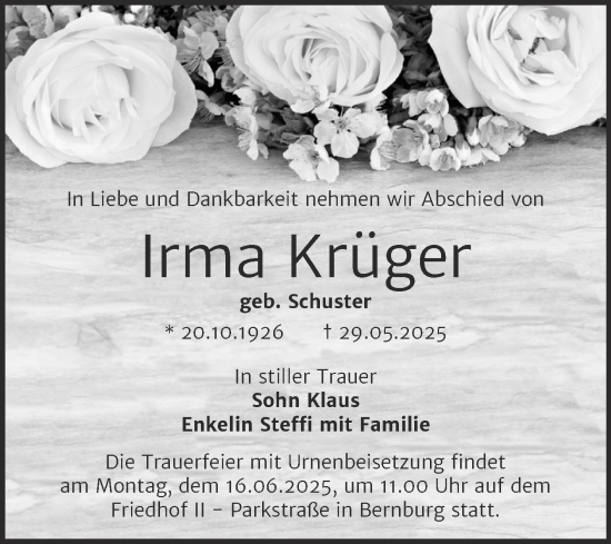 Traueranzeige von Irma Krüger von Trauerkombi Bitterfeld
