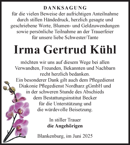 Traueranzeige von Irma Gertrud Kühl von Volksstimme Wernigerode