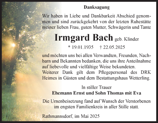 Traueranzeige von Irmgard Bach von Volksstimme Staßfurt