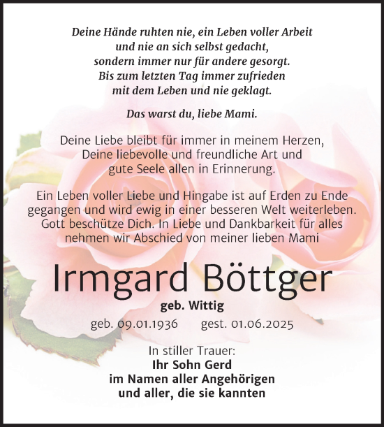 Traueranzeige von Irmgard Böttger von Super Sonntag Naumburg/Nebra
