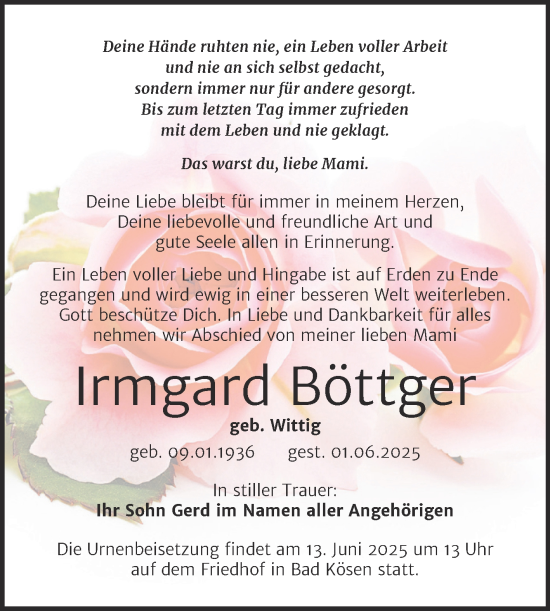 Traueranzeige von Irmgard Böttger von Naumburger Tageblatt