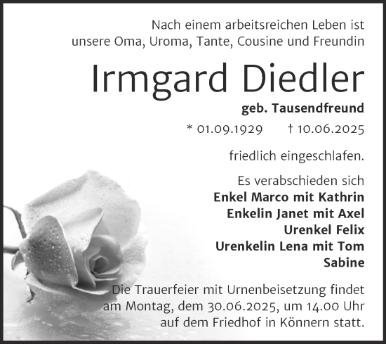 Traueranzeige von Irmgard Diedler von Trauerkombi Bernburg