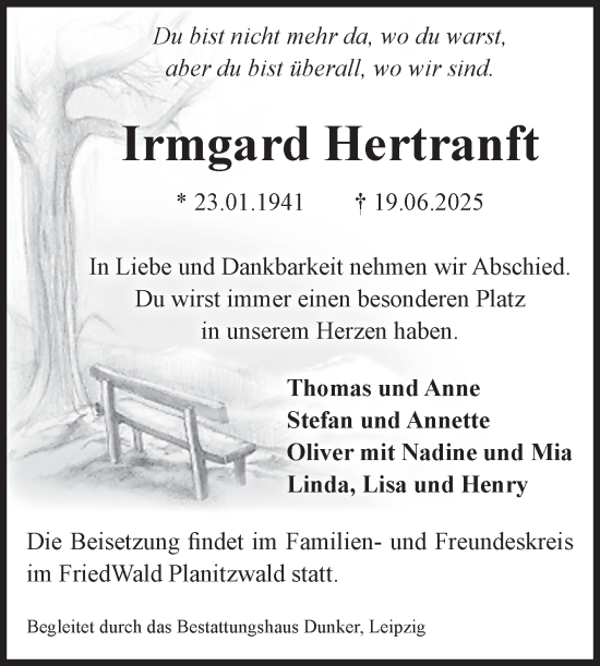 Traueranzeige von Irmgard Hertranft von Volksstimme Altmark West