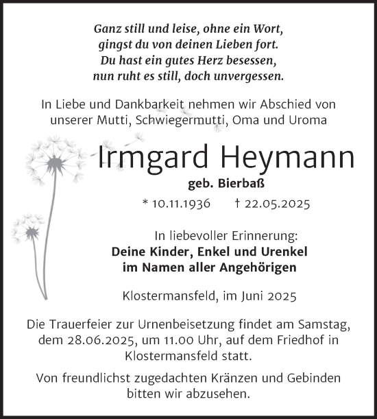 Traueranzeige von Irmgard Heymann von Trauerkombi Mansfelder Land
