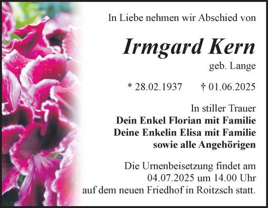 Traueranzeige von Irmgard Kern von Trauerkombi Bitterfeld