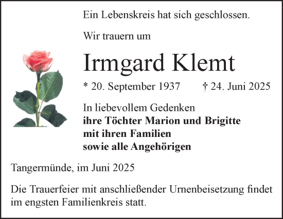 Traueranzeige von Irmgard Klemt von Volksstimme Altmark Ost