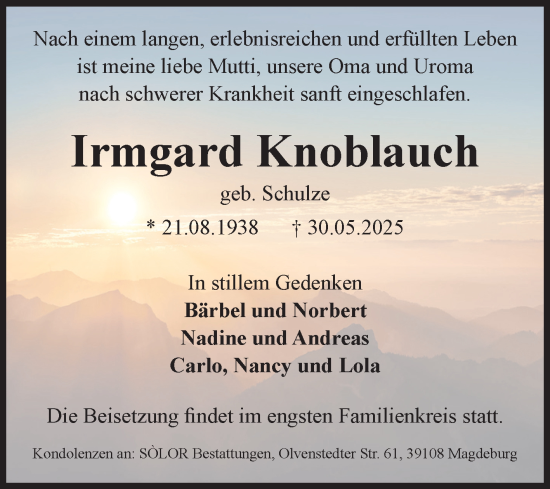 Traueranzeige von Irmgard Knoblauch von Volksstimme Schönebeck