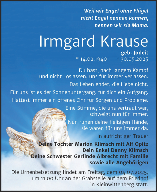 Traueranzeige von Irmgard Krause von Mitteldeutsche Zeitung Halle/Saalkreis