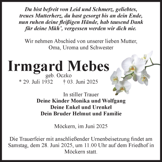 Traueranzeige von Irmgard Mebes von Volksstimme Burg/Genthin