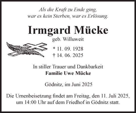 Traueranzeige von Irmgard Mücke von Volksstimme Zerbst