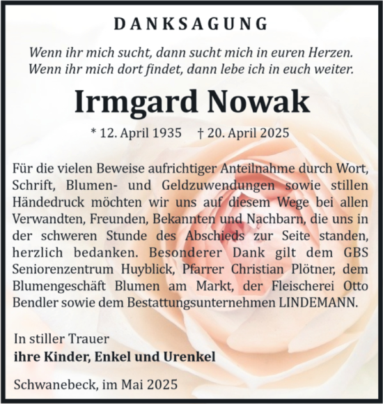 Traueranzeige von Irmgard Nowak von Volksstimme Halberstadt