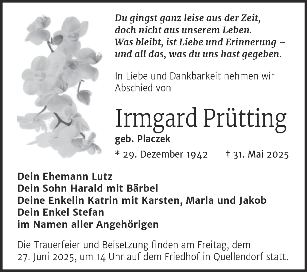  Traueranzeige für Irmgard Prütting vom 21.06.2025 aus Trauerkombi Köthen