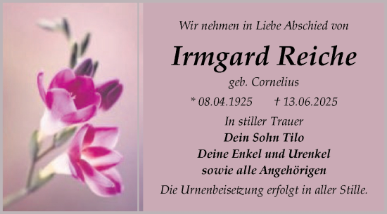 Traueranzeige von Irmgard Reiche von Trauerkombi Bitterfeld