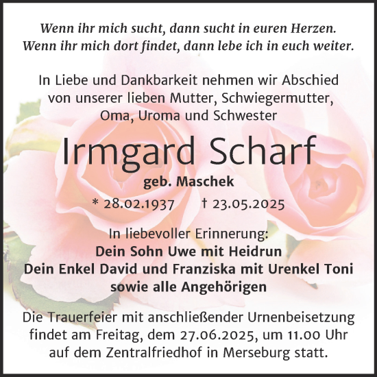 Traueranzeige von Irmgard Scharf von Trauerkombi Merseburg