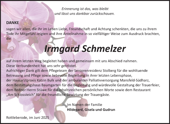 Traueranzeige von Irmgard Schmelzer von Trauerkombi Sangerhausen