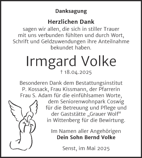 Traueranzeige von Irmgard Volke von Trauerkombi Wittenberg