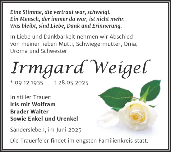 Traueranzeige von Irmgard Weigel von Trauerkombi Mansfelder Land