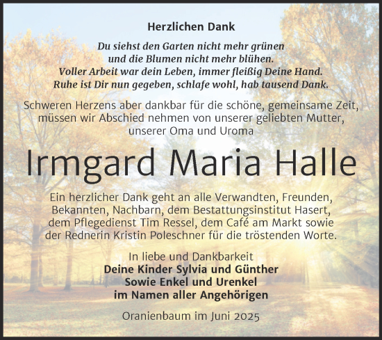 Traueranzeige von Irmgard Maria Halle von Trauerkombi Wittenberg