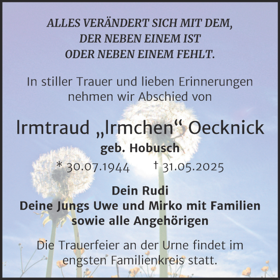 Traueranzeige von Irmtraud Oecknick von Trauerkombi Wittenberg