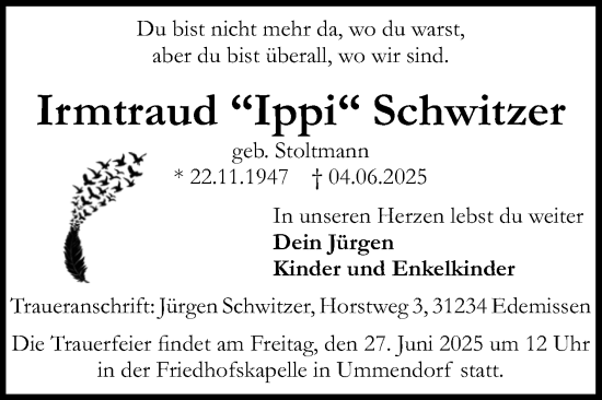 Traueranzeige von Irmtraud Schwitzer von Volksstimme Oschersleben/Wanzleben