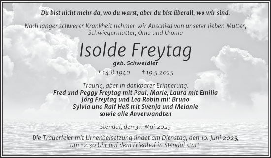 Traueranzeige von Isolde Freytag von Volksstimme Altmark Ost