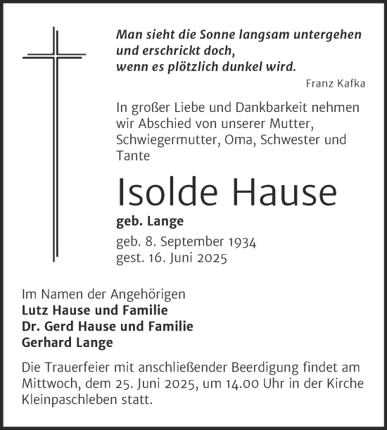Traueranzeige von Isolde Hause von Mitteldeutsche Zeitung Köthen