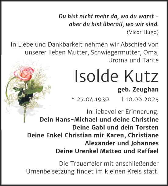 Traueranzeige von Isolde Kutz von Trauerkombi Quedlinburg