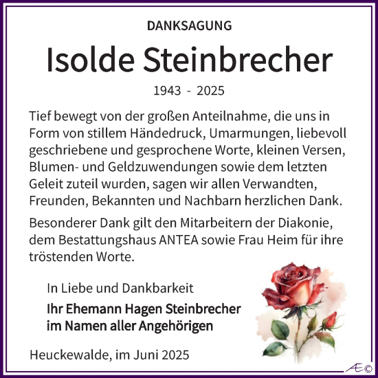 Traueranzeige von Isolde Steinbrecher von Trauerkombi Zeitz